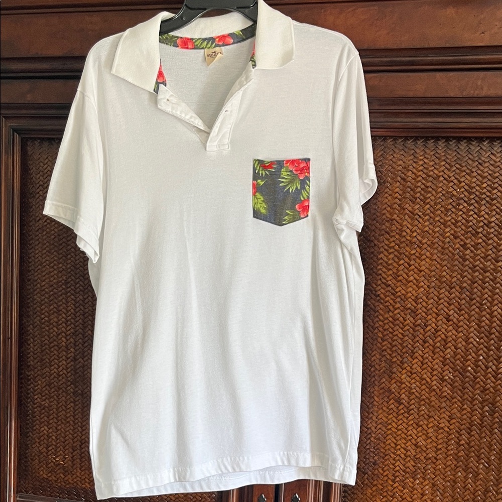 Hollister White Polo with Floral Pocket & Collar Trim